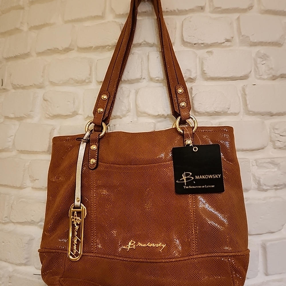 B. Makowsky New Bronze Snakeskin Print Leather Tote Purse